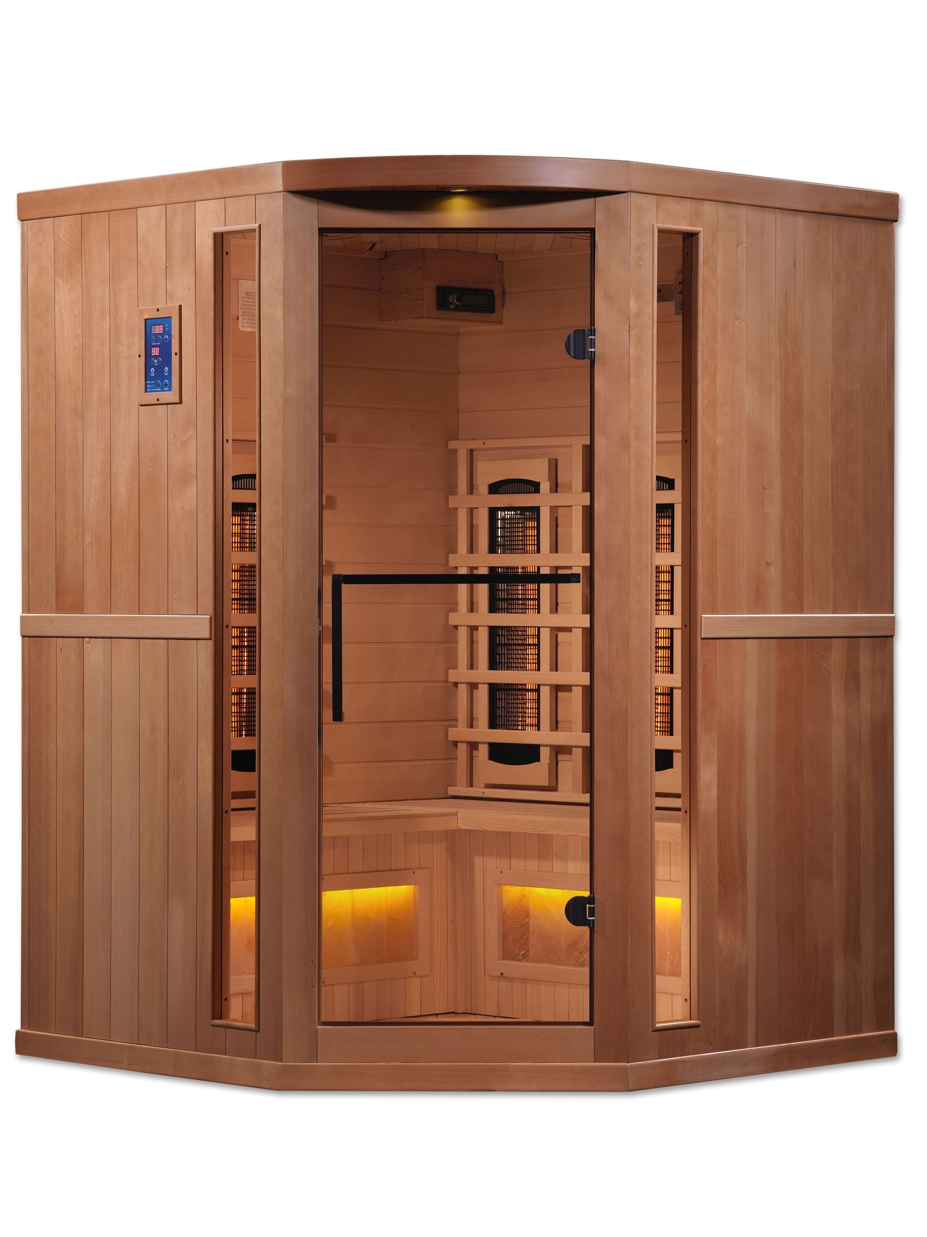 Golden Designs 3-Person Corner Full Spectrum PureTech™ Near Zero EMF FAR Infrared Sauna with Himalayan Salt Bar (Canadian Hemlo