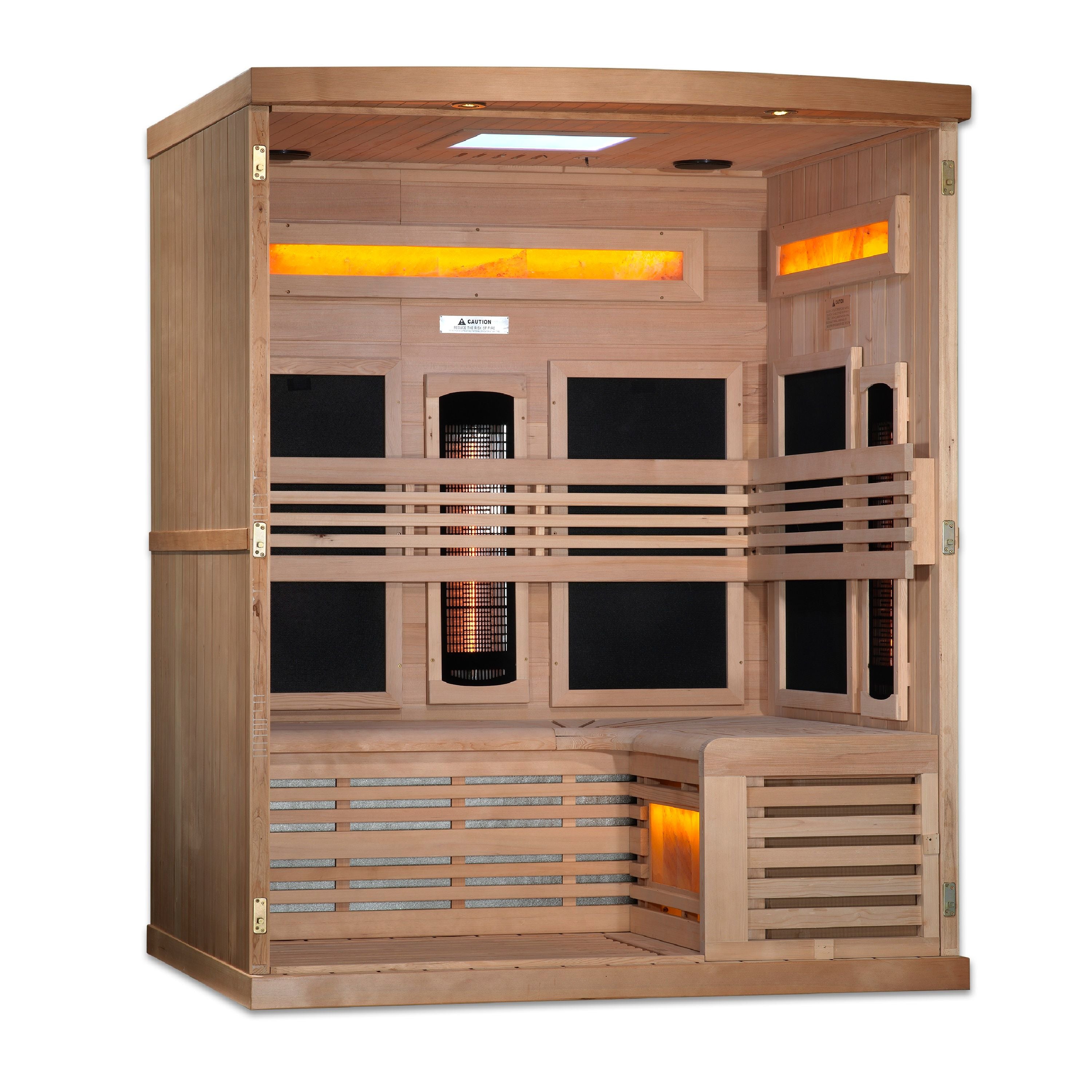 Golden Designs 3-Person Full Spectrum PureTech™ Near Zero EMF FAR Infrared Sauna with Himalayan Salt Bar (Canadian Hemlock)