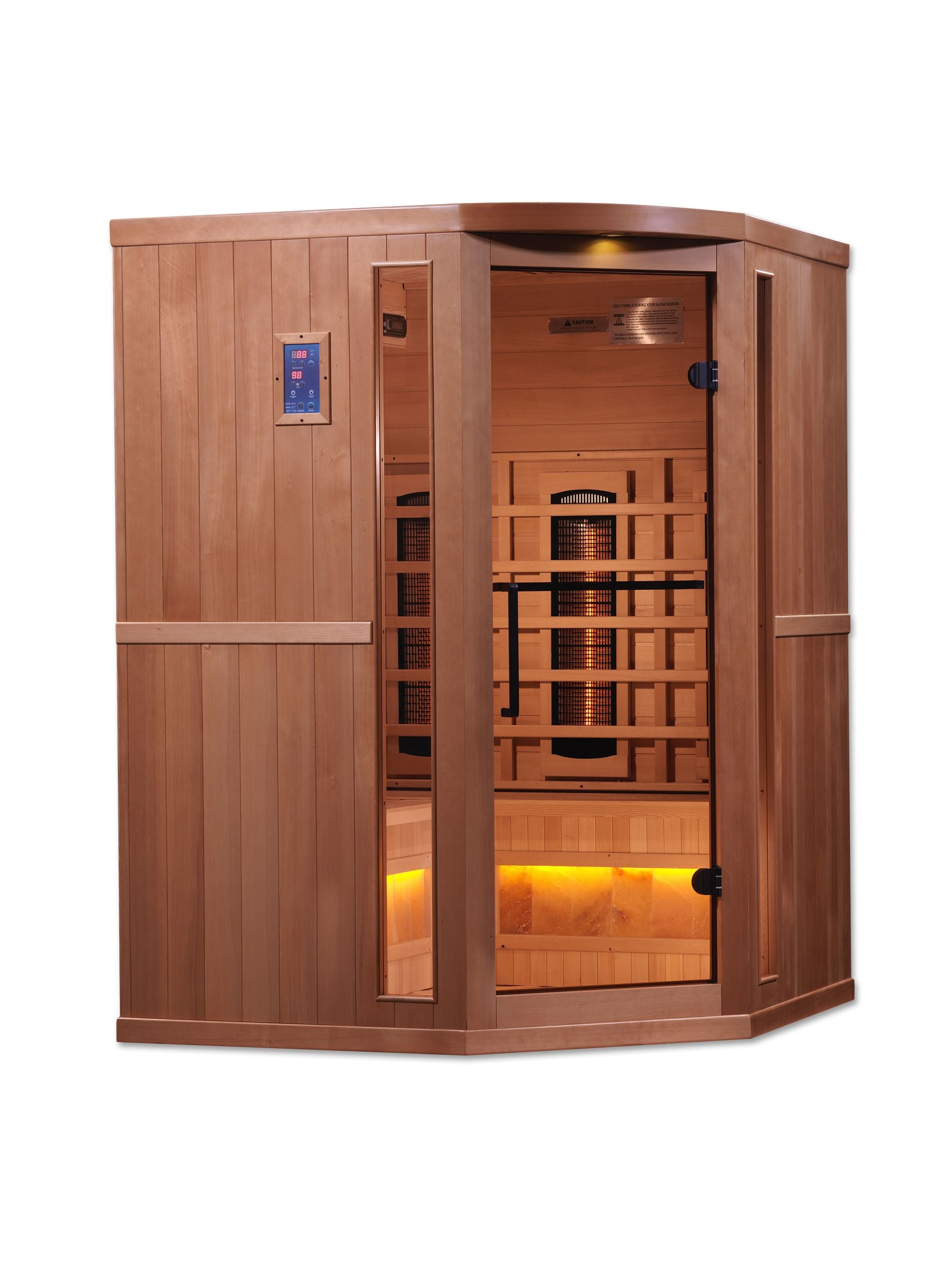 Golden Designs 3-Person Corner Full Spectrum PureTech™ Near Zero EMF FAR Infrared Sauna with Himalayan Salt Bar (Canadian Hemlo