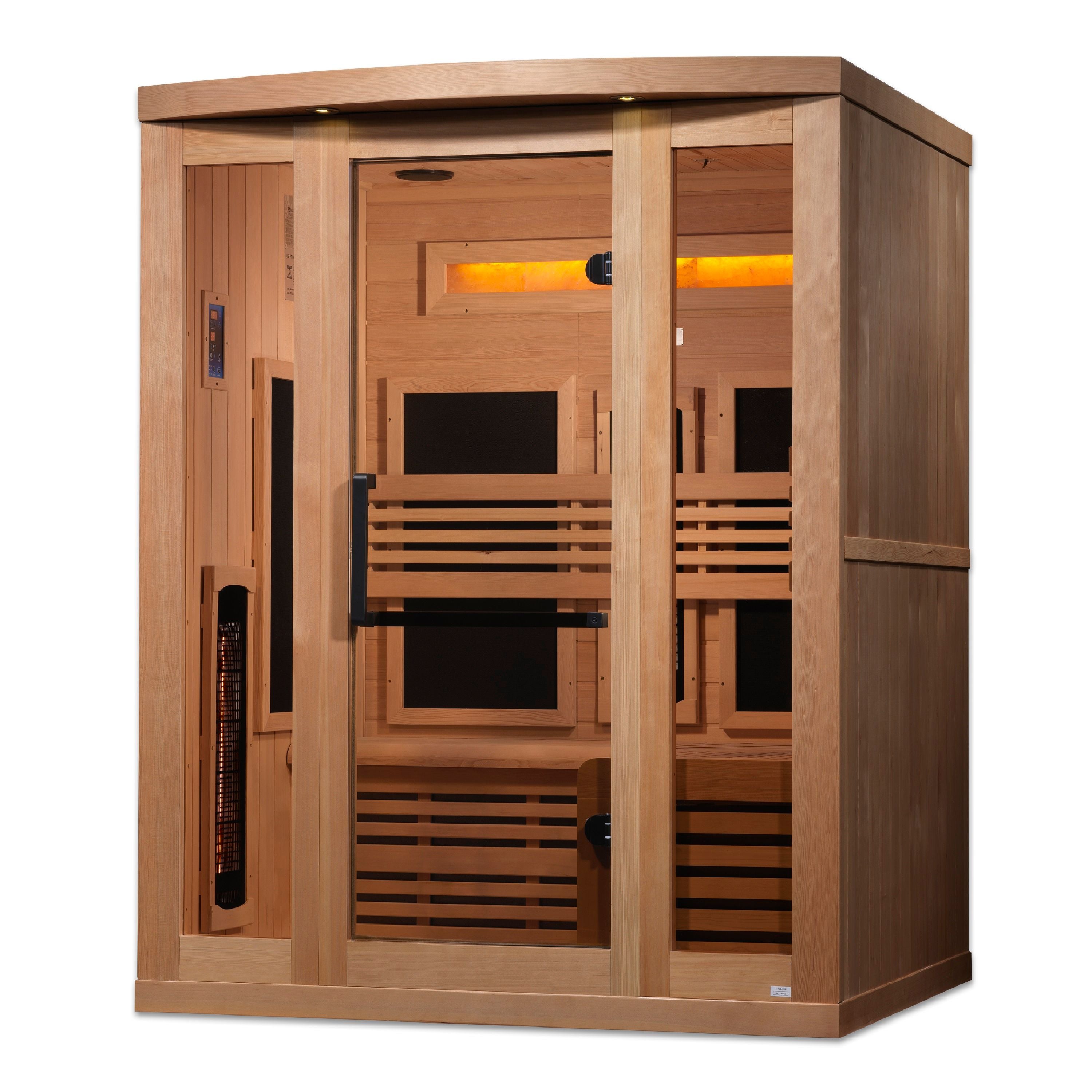 Golden Designs 3-Person Full Spectrum PureTech™ Near Zero EMF FAR Infrared Sauna with Himalayan Salt Bar (Canadian Hemlock)